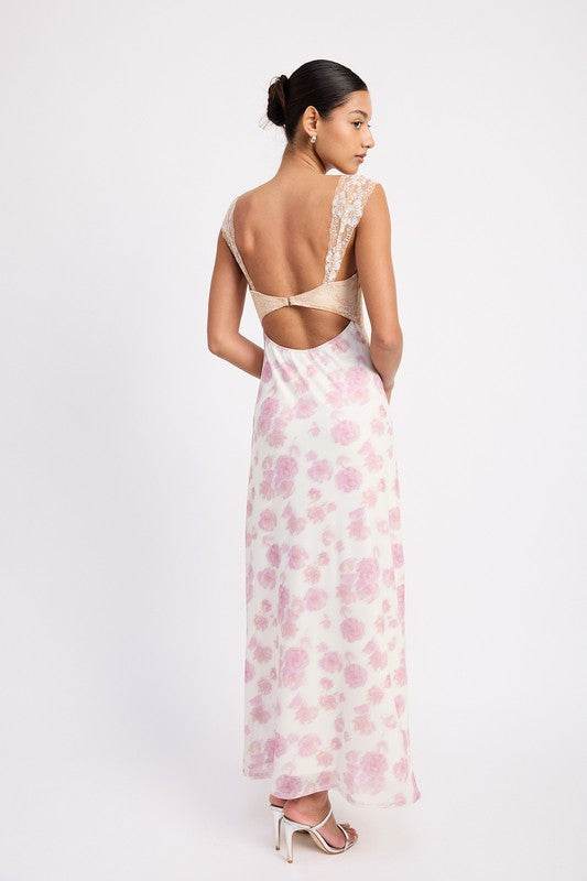 FLORAL MESH LACE TRIM MAXI DRESS WITH BUST CUTOUT - Shop Style & More | Fresh Looks, Everyday Deals & Free Shipping