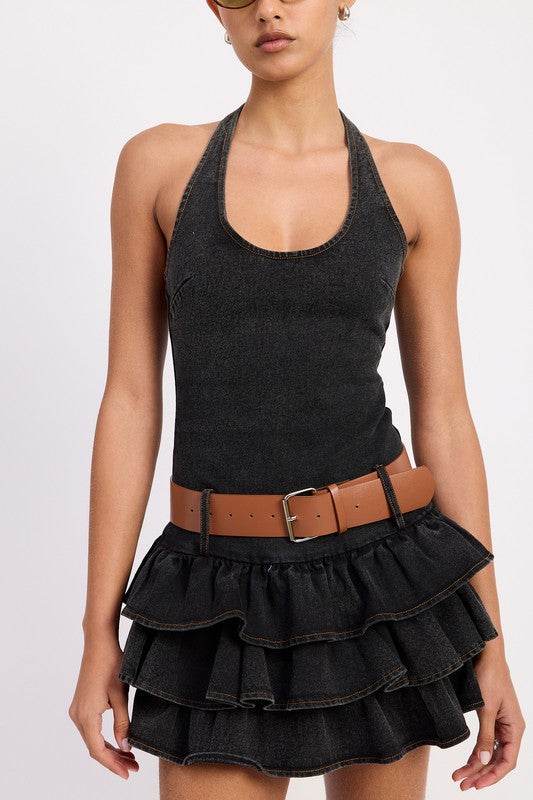MINI BELTED RUFFLED DENIM DRESS WITH HALTER NECK - Shop Style & More | Fresh Looks, Everyday Deals & Free Shipping