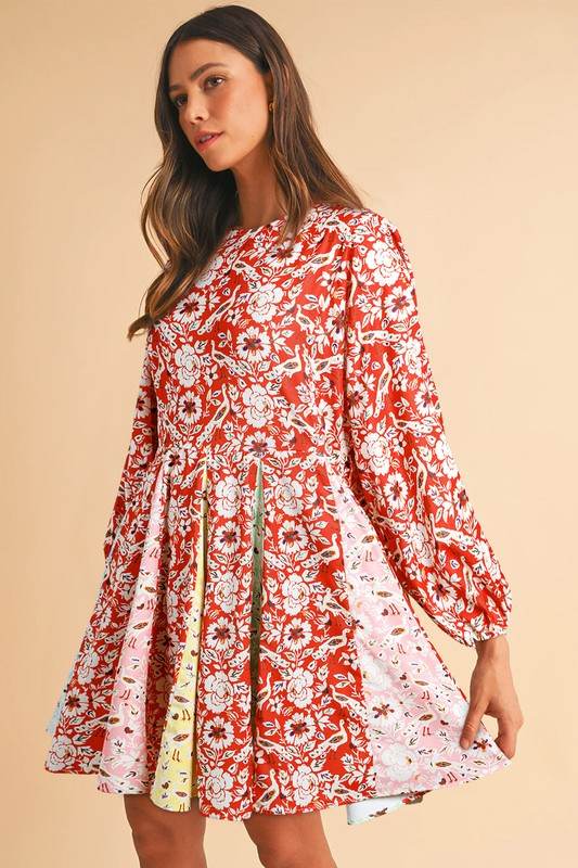 Floral Patchwork Long Sleeve Pleated Mini Dress - Shop Style & More | Fresh Looks, Everyday Deals & Free Shipping