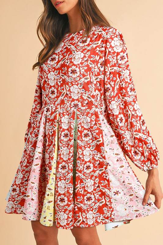 Floral Patchwork Long Sleeve Pleated Mini Dress - Shop Style & More | Fresh Looks, Everyday Deals & Free Shipping