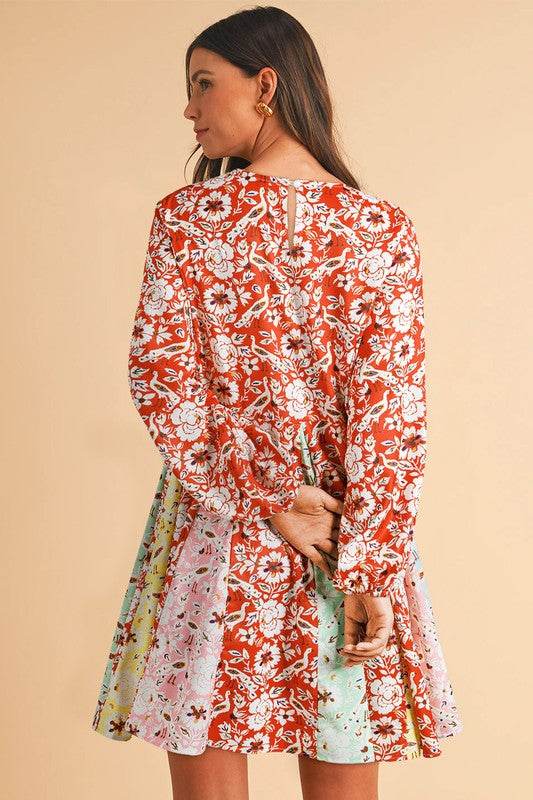Floral Patchwork Long Sleeve Pleated Mini Dress - Shop Style & More | Fresh Looks, Everyday Deals & Free Shipping