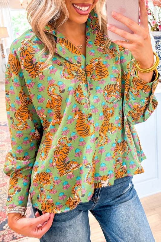 Tiger Floral Printed Collared V Neck Casual Blouse - Shop Style & More | Fresh Looks, Everyday Deals & Free Shipping