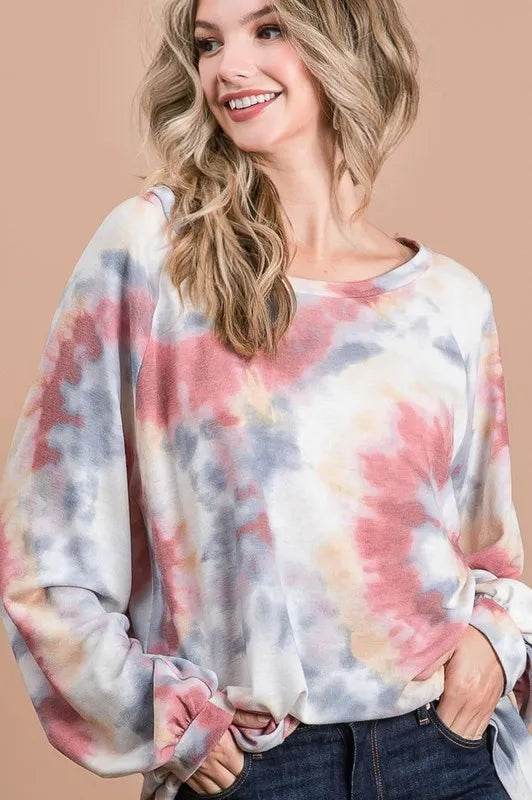 BiBi Tie Dye Print Terry Top With Puff Sleeves - Shop Style & More | Fresh Looks, Everyday Deals & Free Shipping
