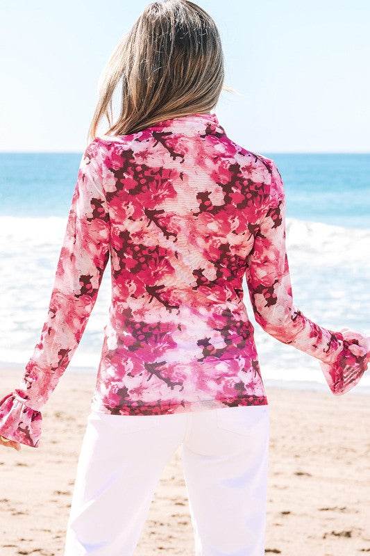 Rose Floral Mesh Flounce Sleeve Mock Neck Blouse - Shop Style & More | Fresh Looks, Everyday Deals & Free Shipping