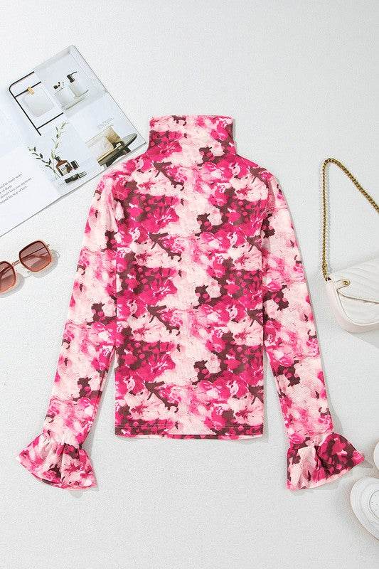Rose Floral Mesh Flounce Sleeve Mock Neck Blouse - Shop Style & More | Fresh Looks, Everyday Deals & Free Shipping