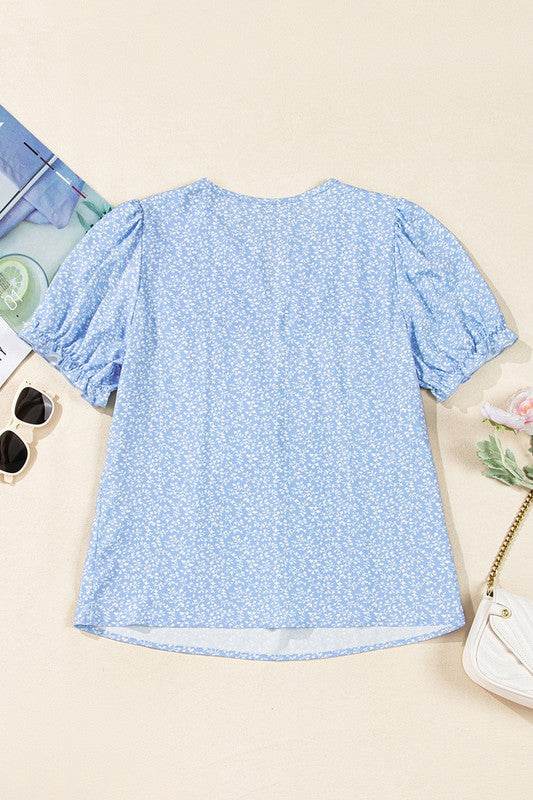 Floral Puff Sleeve Notched V Neck Blouse - Shop Style & More | Fresh Looks, Everyday Deals & Free Shipping