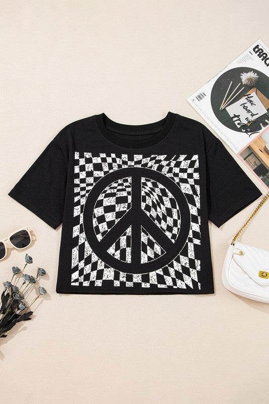 Checkerboard Peace Sign Printed Round Neck T Shirt - Shop Style & More | Fresh Looks, Everyday Deals & Free Shipping