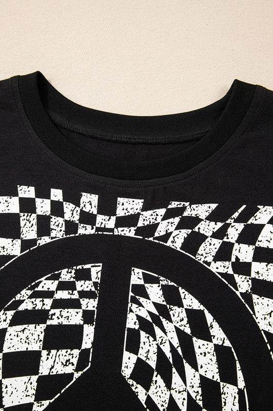 Checkerboard Peace Sign Printed Round Neck T Shirt - Shop Style & More | Fresh Looks, Everyday Deals & Free Shipping