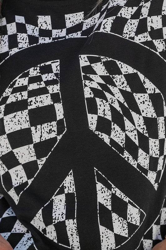 Checkerboard Peace Sign Printed Round Neck T Shirt - Shop Style & More | Fresh Looks, Everyday Deals & Free Shipping