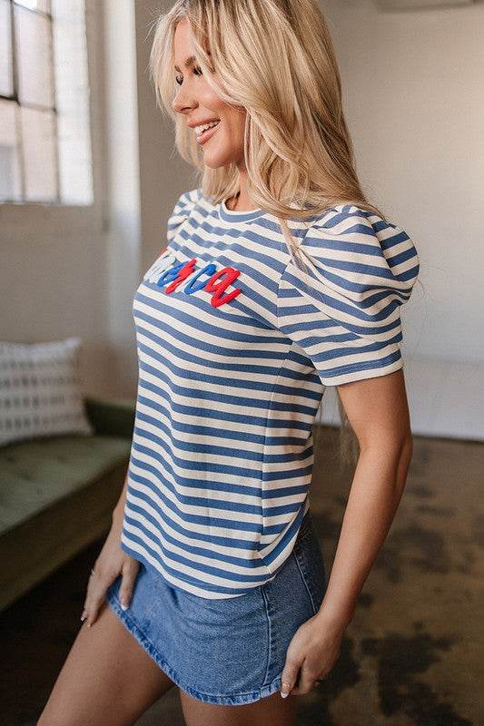 Stripe America Cursive Graphic Puff Sleeve T-shirt - Shop Style & More | Fresh Looks, Everyday Deals & Free Shipping