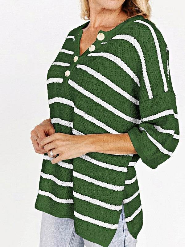 Stripe Drop Shoulder Oversized Henley Knit Tee - Shop Style & More | Fresh Looks, Everyday Deals & Free Shipping