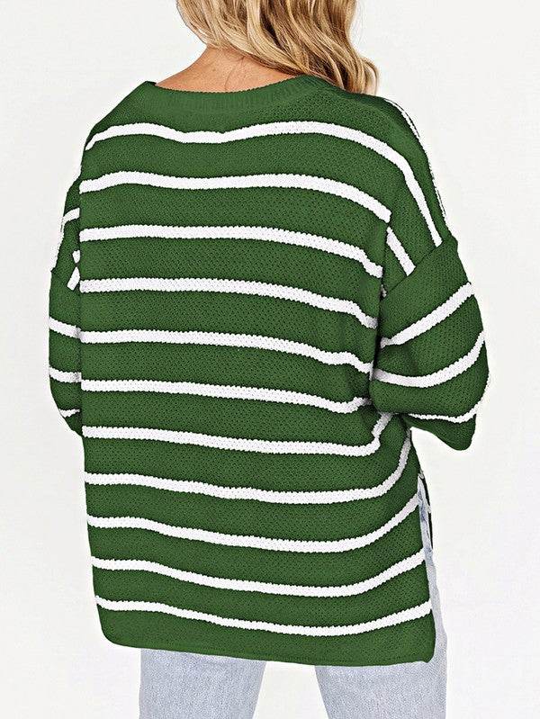 Stripe Drop Shoulder Oversized Henley Knit Tee - Shop Style & More | Fresh Looks, Everyday Deals & Free Shipping