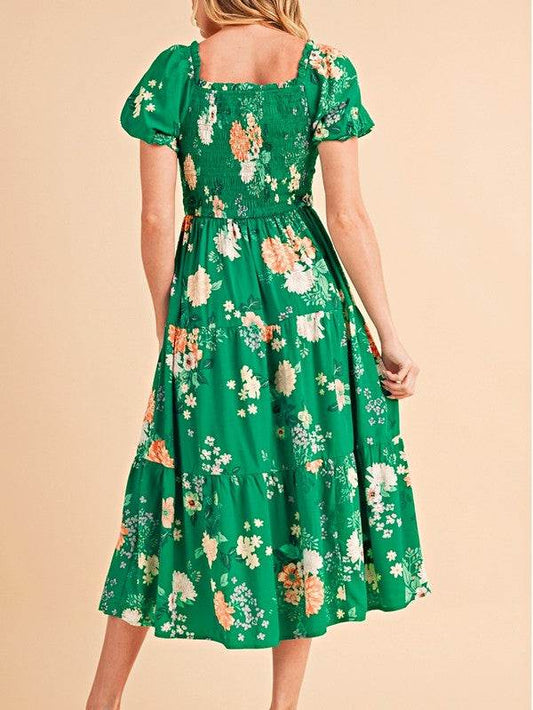 Green Floral Bubble Smocked Tiered Midi Dress - Shop Style & More | Fresh Looks, Everyday Deals & Free Shipping