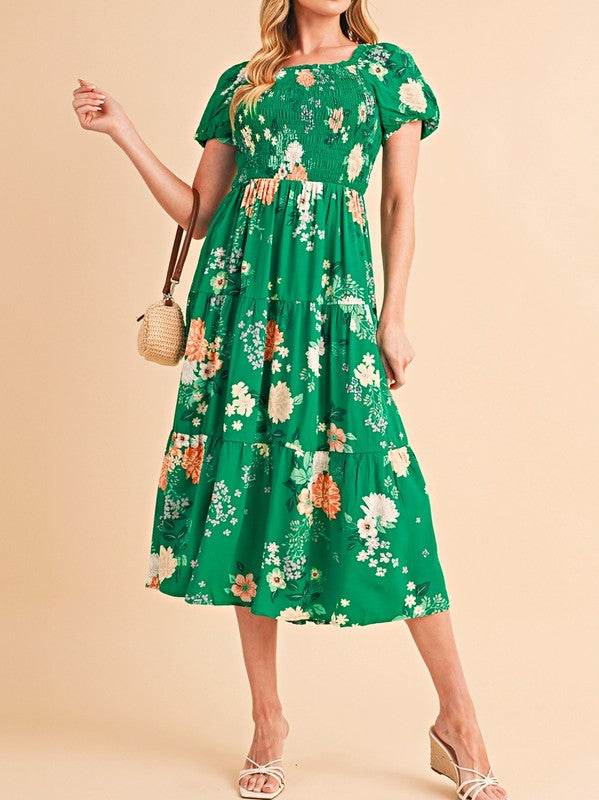 Green Floral Bubble Smocked Tiered Midi Dress - Shop Style & More | Fresh Looks, Everyday Deals & Free Shipping