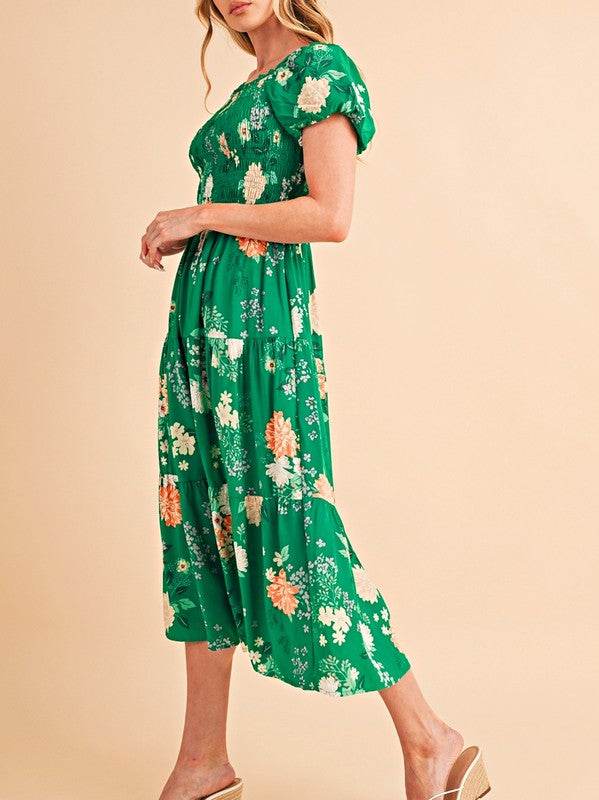 Green Floral Bubble Smocked Tiered Midi Dress - Shop Style & More | Fresh Looks, Everyday Deals & Free Shipping