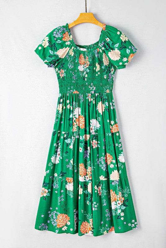 Green Floral Bubble Smocked Tiered Midi Dress - Shop Style & More | Fresh Looks, Everyday Deals & Free Shipping