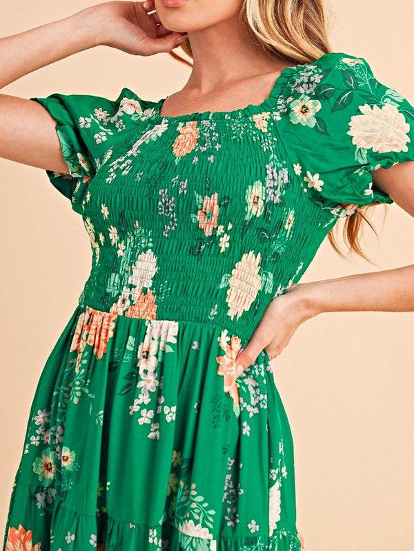 Green Floral Bubble Smocked Tiered Midi Dress - Shop Style & More | Fresh Looks, Everyday Deals & Free Shipping