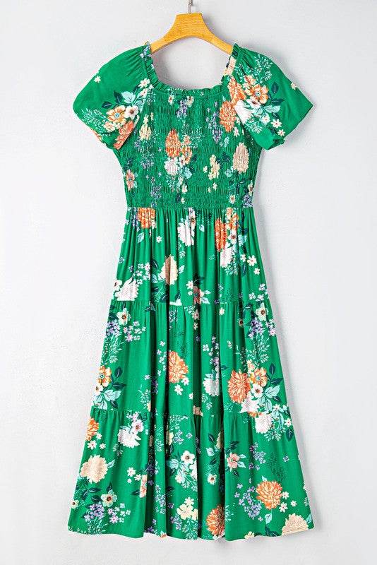 Green Floral Bubble Smocked Tiered Midi Dress - Shop Style & More | Fresh Looks, Everyday Deals & Free Shipping