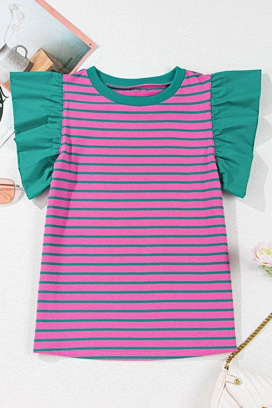 Pink Stripe Colorblock Ruffled Cotton Blouse Top - Shop Style & More | Fresh Looks, Everyday Deals & Free Shipping