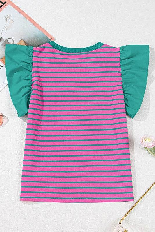 Pink Stripe Colorblock Ruffled Cotton Blouse Top - Shop Style & More | Fresh Looks, Everyday Deals & Free Shipping