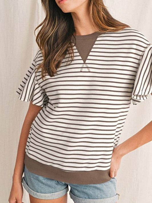 Striped Ruffle Sleeve Round Neck Cotton Top - Shop Style & More | Fresh Looks, Everyday Deals & Free Shipping