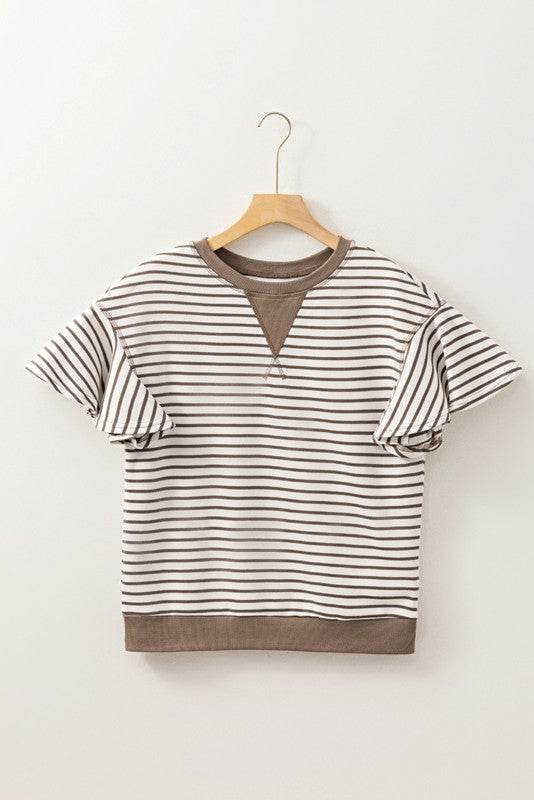 Striped Ruffle Sleeve Round Neck Cotton Top - Shop Style & More | Fresh Looks, Everyday Deals & Free Shipping