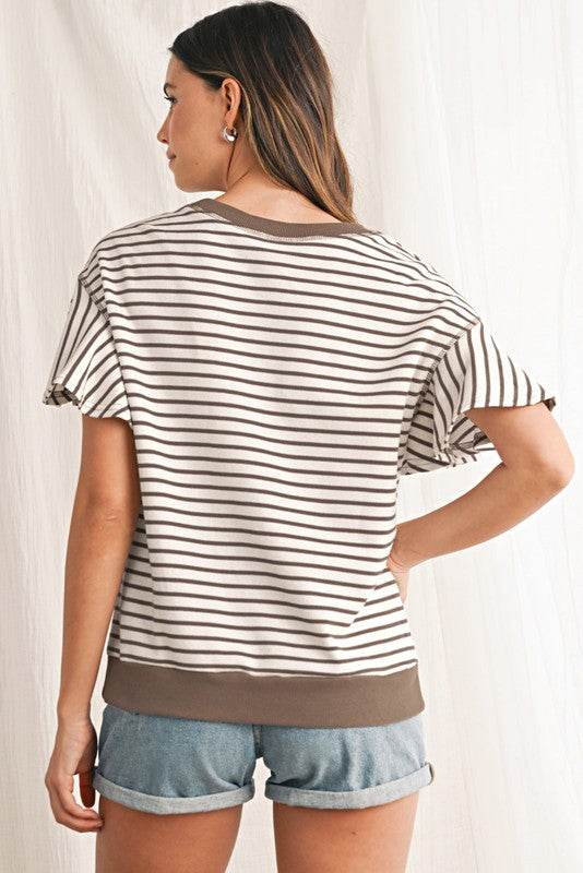 Striped Ruffle Sleeve Round Neck Cotton Top - Shop Style & More | Fresh Looks, Everyday Deals & Free Shipping