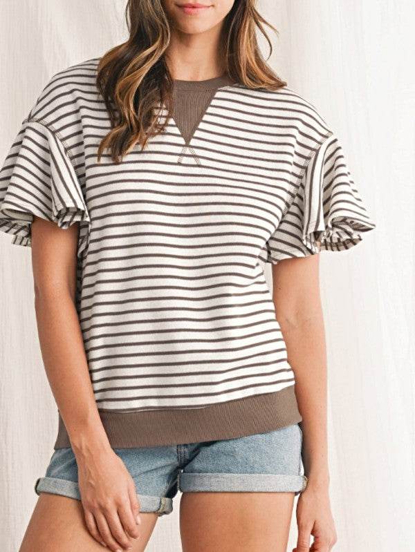 Striped Ruffle Sleeve Round Neck Cotton Top - Shop Style & More | Fresh Looks, Everyday Deals & Free Shipping