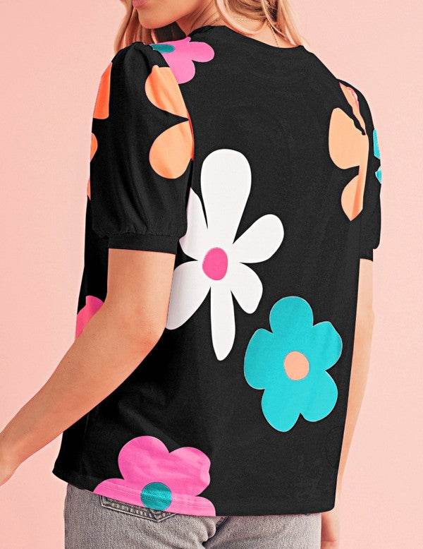 Colorful Flower Print Bubble Sleeve Tee Top - Shop Style & More | Fresh Looks, Everyday Deals & Free Shipping
