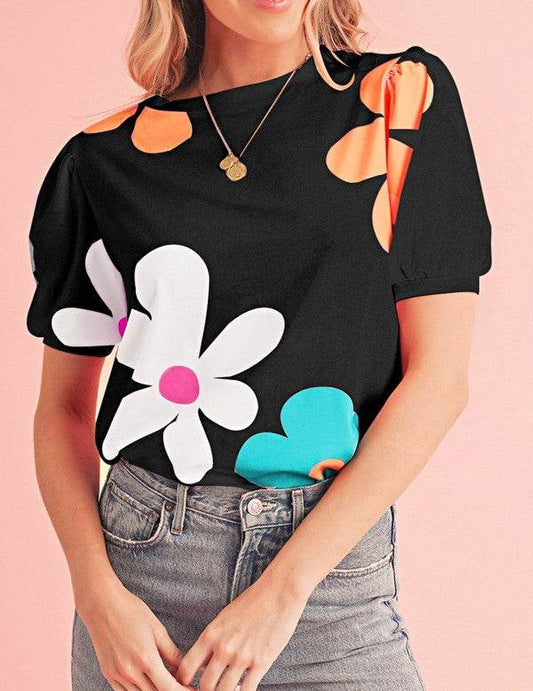 Colorful Flower Print Bubble Sleeve Tee Top - Shop Style & More | Fresh Looks, Everyday Deals & Free Shipping