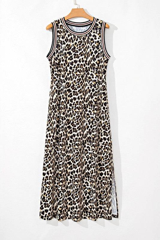 Contrast Stripe Trim Leopard Sleeveless long Dress - Shop Style & More | Fresh Looks, Everyday Deals & Free Shipping