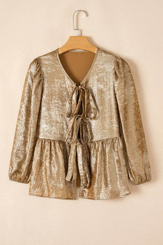 Bow Tie Front Puff 3/4 Sleeve Ruffle Hem Blouse - Shop Style & More | Fresh Looks, Everyday Deals & Free Shipping