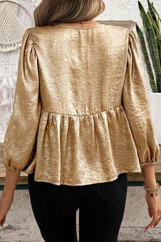 Bow Tie Front Puff 3/4 Sleeve Ruffle Hem Blouse - Shop Style & More | Fresh Looks, Everyday Deals & Free Shipping