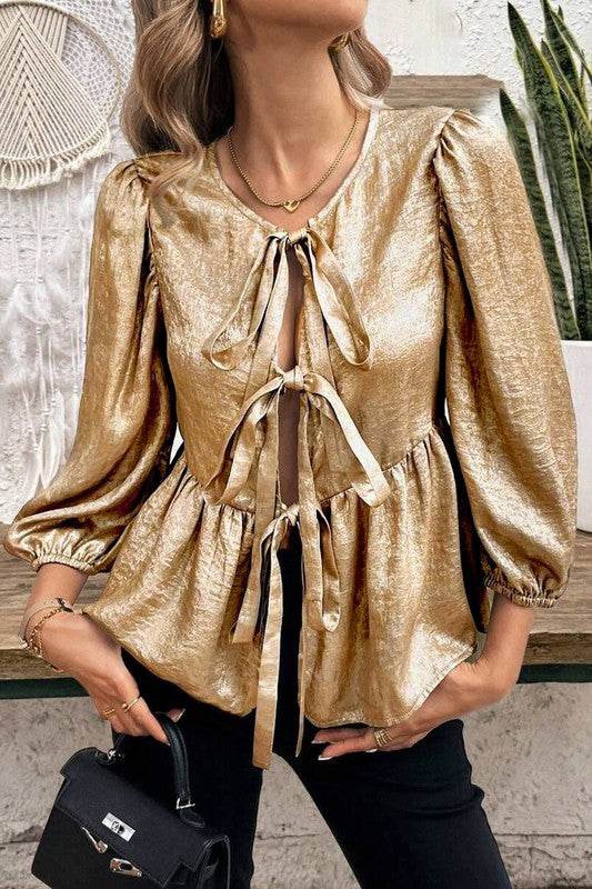 Bow Tie Front Puff 3/4 Sleeve Ruffle Hem Blouse - Shop Style & More | Fresh Looks, Everyday Deals & Free Shipping
