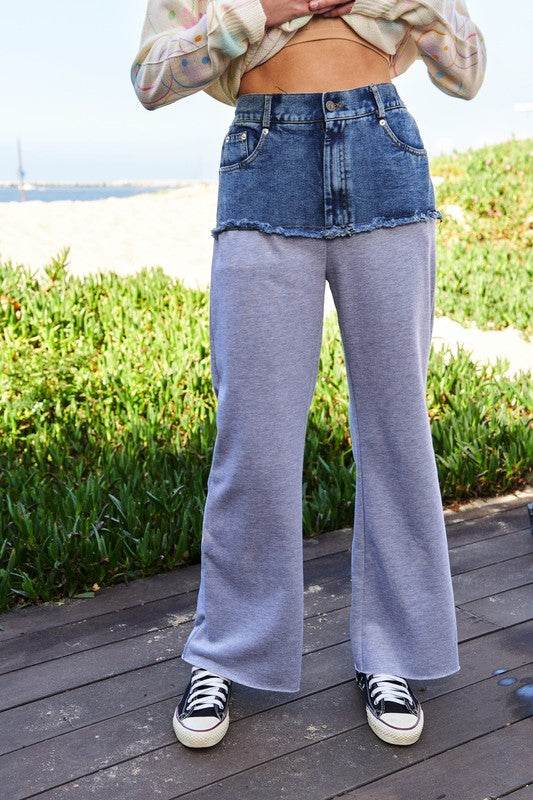 Davi & Dani Raw Hem Denim Patchwork Wide Leg Pants - Shop Style & More | Fresh Looks, Everyday Deals & Free Shipping