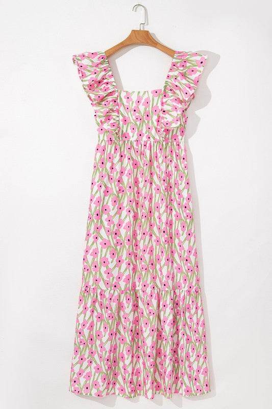 Pink Floral Square Neck Ruffled Strap Maxi Dress - Shop Style & More | Fresh Looks, Everyday Deals & Free Shipping