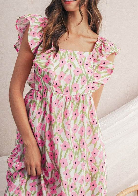 Pink Floral Square Neck Ruffled Strap Maxi Dress - Shop Style & More | Fresh Looks, Everyday Deals & Free Shipping