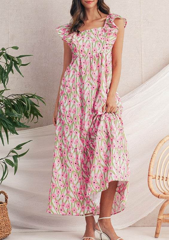 Pink Floral Square Neck Ruffled Strap Maxi Dress - Shop Style & More | Fresh Looks, Everyday Deals & Free Shipping