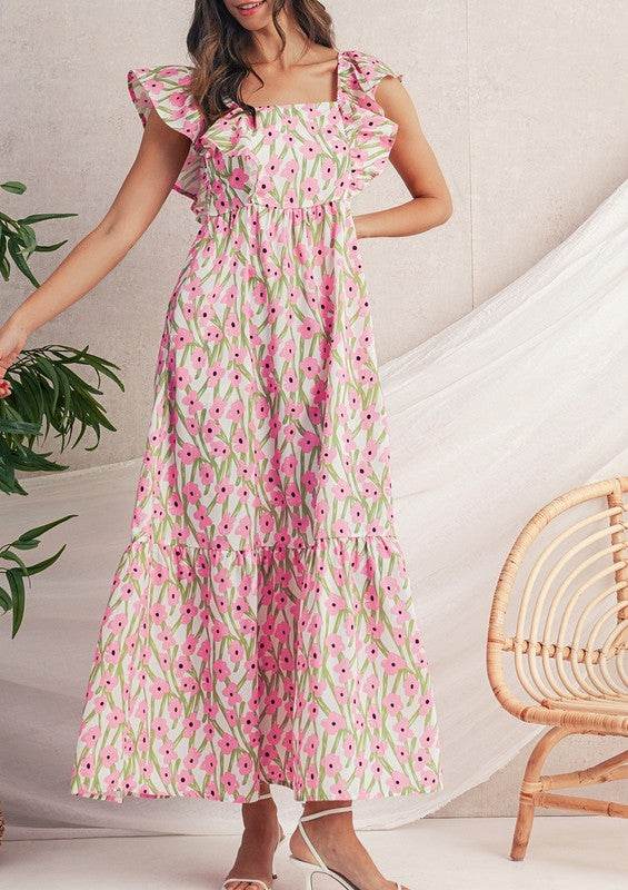 Pink Floral Square Neck Ruffled Strap Maxi Dress - Shop Style & More | Fresh Looks, Everyday Deals & Free Shipping