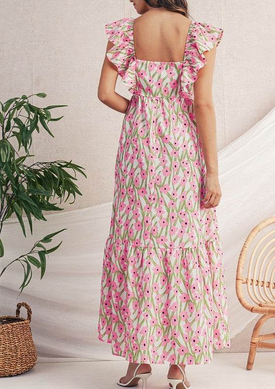 Pink Floral Square Neck Ruffled Strap Maxi Dress - Shop Style & More | Fresh Looks, Everyday Deals & Free Shipping
