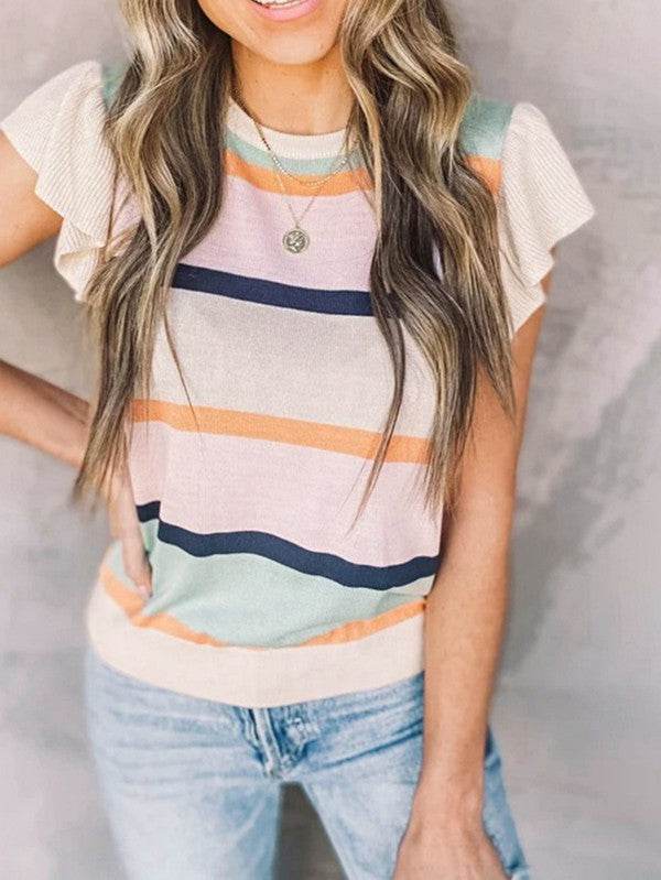 Striped Colorblock Flutter Sleeve Knit Top - Shop Style & More | Fresh Looks, Everyday Deals & Free Shipping