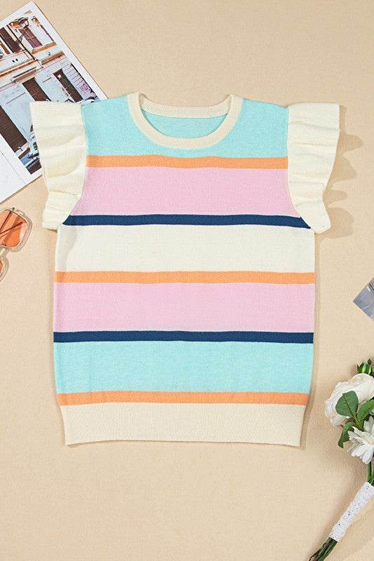 Striped Colorblock Flutter Sleeve Knit Top - Shop Style & More | Fresh Looks, Everyday Deals & Free Shipping