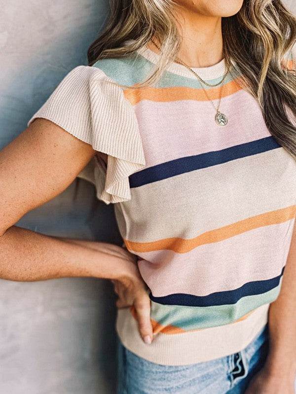 Striped Colorblock Flutter Sleeve Knit Top - Shop Style & More | Fresh Looks, Everyday Deals & Free Shipping