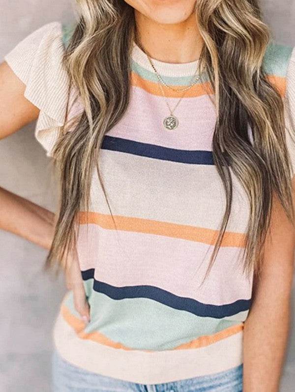 Striped Colorblock Flutter Sleeve Knit Top - Shop Style & More | Fresh Looks, Everyday Deals & Free Shipping