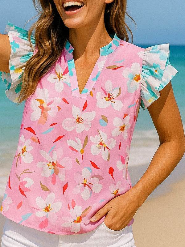 Floral Patchwork Frill Notched Neck Ruffle Blouse - Shop Style & More | Fresh Looks, Everyday Deals & Free Shipping