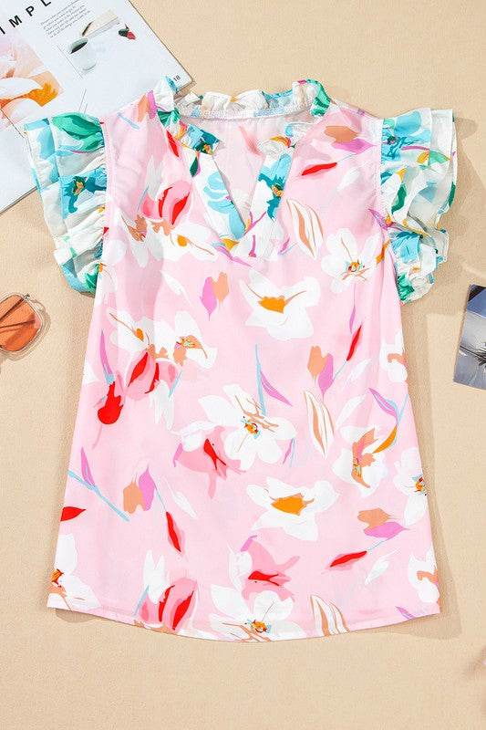 Floral Patchwork Frill Notched Neck Ruffle Blouse - Shop Style & More | Fresh Looks, Everyday Deals & Free Shipping