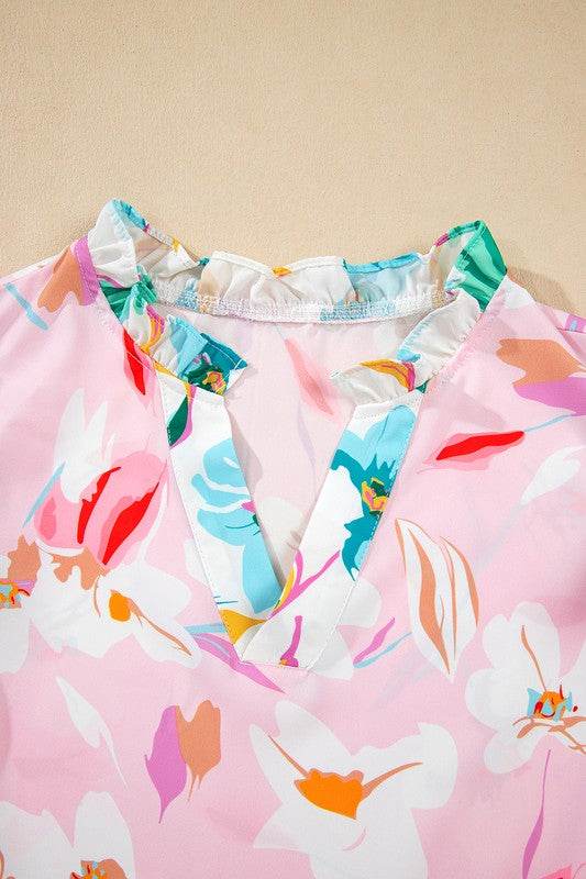 Floral Patchwork Frill Notched Neck Ruffle Blouse - Shop Style & More | Fresh Looks, Everyday Deals & Free Shipping