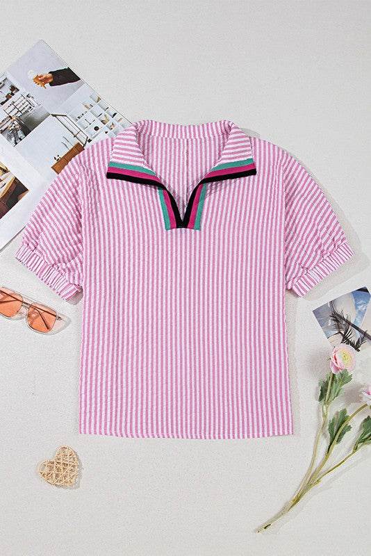 Cotton V neck Pink Striped Dolman Sleeve Blouse - Shop Style & More | Fresh Looks, Everyday Deals & Free Shipping
