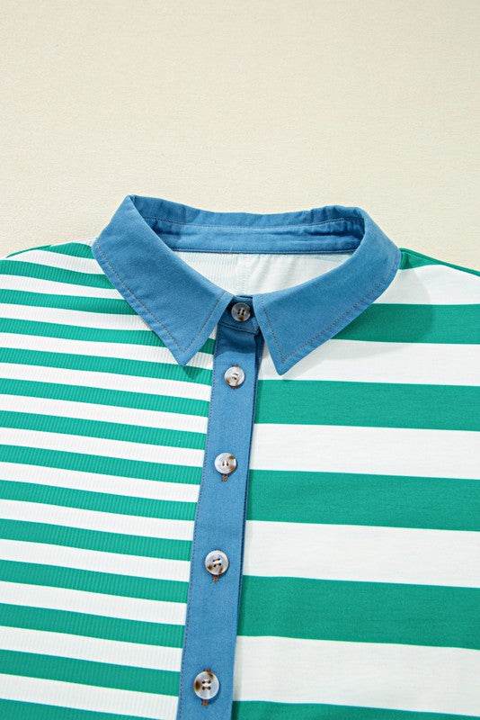 Green Stripe Color Collar Half Buttons T Shirt Top - Shop Style & More | Fresh Looks, Everyday Deals & Free Shipping