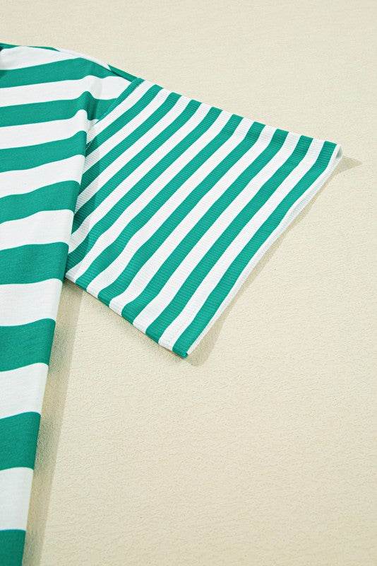Green Stripe Color Collar Half Buttons T Shirt Top - Shop Style & More | Fresh Looks, Everyday Deals & Free Shipping